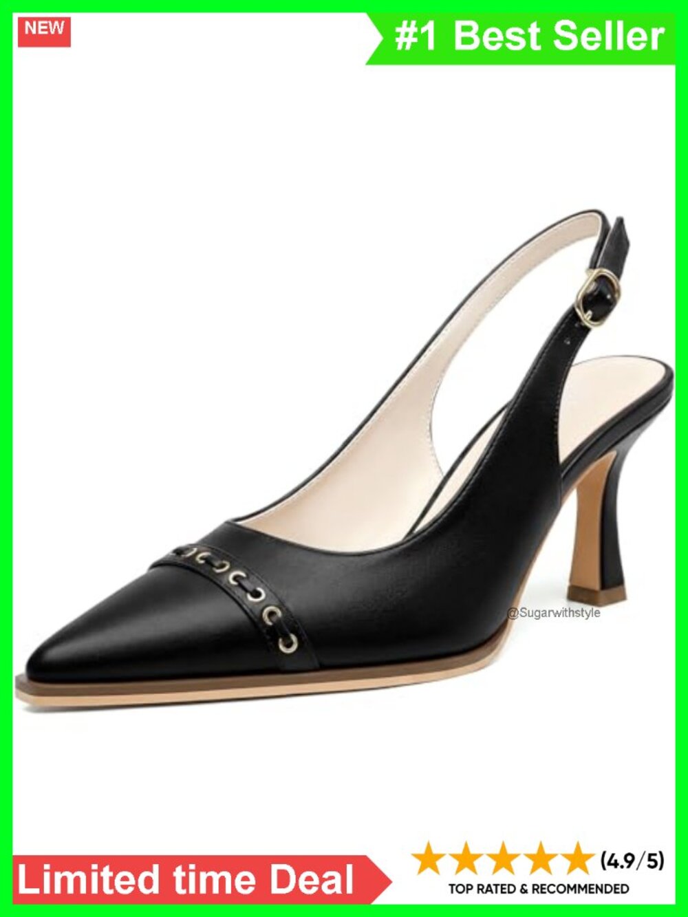 Faux Leather Slingback Pointed Toe Kitten Heels Pumps for Women